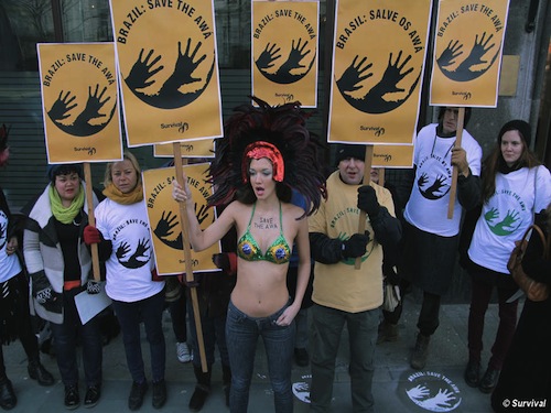 Protesters in London outside the Brazilian Embassy. Credit: Survival International.